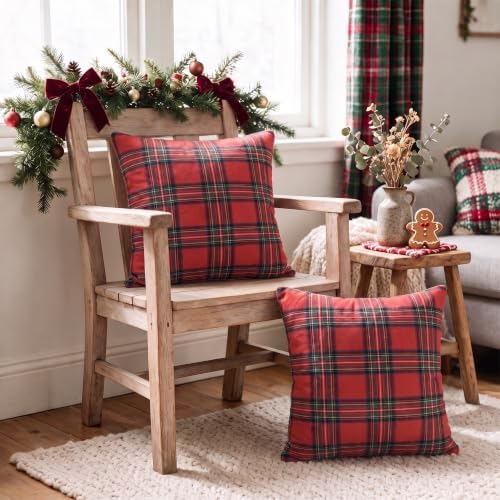 AVOIN colorlife Christmas Red Green Plaid Decorative Throw Pillow Covers, 16 x 16 Inch Holiday Scottish Tartan Cushion Case Farmhouse Decoration for Sofa Couch Set of 2 - Image 3