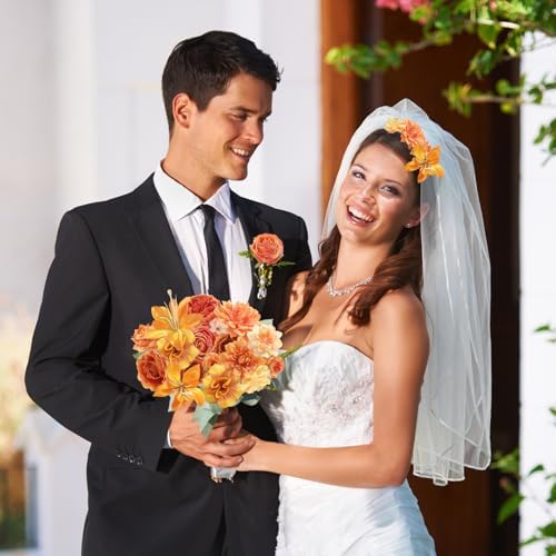 rongflower Fake Flower Heads for Crafts - Orange Silk Artificial Roses, Peonies, Daisies & Mini Floral Heads Bulk (48-Pack) for Wedding Decor, Graduation Cap, Cake Topper, Baby Shower, Home Decoration - Image 3