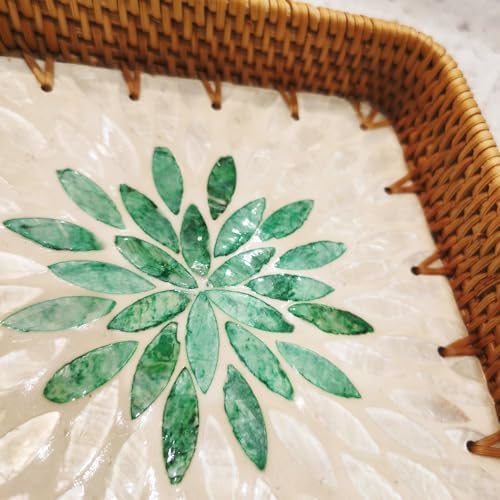 i-lan Set of 3 15" Rectangular Rattan and Mother of Pearl Serving Tray, Green Leaf Pattern Decorative,Boho Rectangule Natural Rattan Woven Trays for Entryway Kitchen Bathroom Counter - Image 4