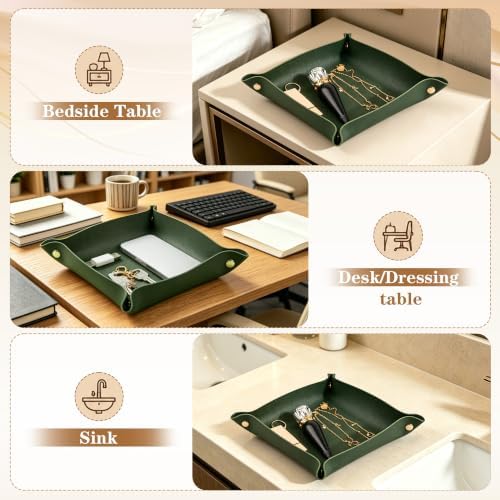 1 Pack PU Leather Tray for Wallet, Portable Décor Key Tray Holder, Night Stand Storage for Bedroom, Bathroom, Living Room, Entryway, Jewelry Valet Organizer for Women Men (1, Green, Square) - Image 5