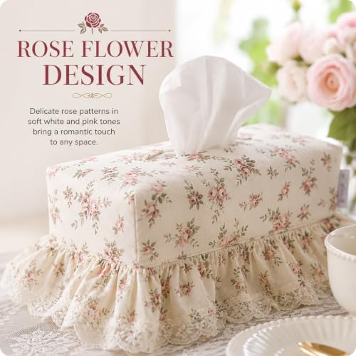 Cotton Tissue Box Cover, Thick Padded Rectangle with Lace, Rose Floral - Image 3