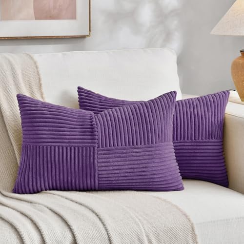 Fancy Homi 2 Packs Purple Lumbar Decorative Throw Pillow Covers 12x20 Inch for Living Room Couch Bed, Farmhouse Boho Home Decor, Soft Striped Corduroy Rectangle Accent Cushion Case 30x50 cm by Fancy+Homi