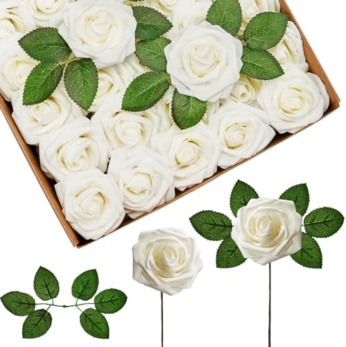 InnoGear Fake Roses 50 Pcs Ivory White Flowers Artificial Faux Foam Floral by InnoGear