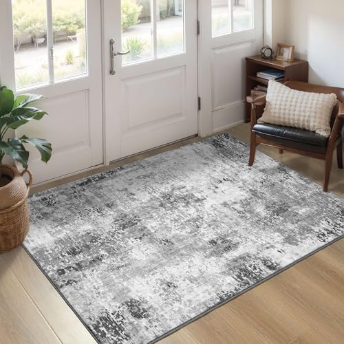 Entryway Rug 3x5 Grey Bedroom Area Rug Washable Non Slip Abstract Boho Rugs for Indoor Entry, Kitchen, Classroom, Bathroom, Kids Girls Room, Office, College Dorm Small Carpet by OmpaaHomeDecor