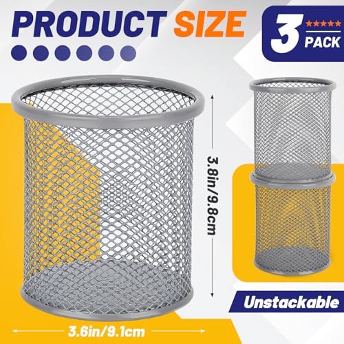 Segarty Pen Holder for Desk, 3 Pack Round Silver Pen Holder, Wire Mesh Pencil Cup Holder Containers Set, Desktop Organizer for Office Supplies, School Classroom, Home, Makeup Brush - Image 2