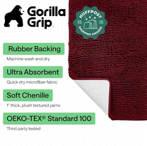 GORILLA GRIP Bath Rug Mat for Bathroom, Absorbent Chenille, 48x17 Burgundy - Image 2