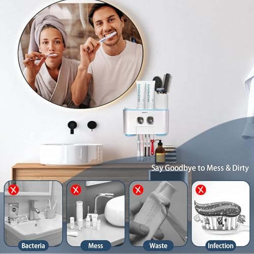 Toothbrush Holder Wall Mounted, WEKITY Multi-Functional Toothbrush and Toothpaste Dispenser for Bathroom, with 5 Toothbrush Slots, 2 Toothpaste Squeezers and 4 Cups(Blue) - Image 3