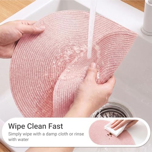 FunWheat Round Braided Placemats Set of 4 Table Mats for Dining Tables Woven Washable Non-Slip Place mats 15inch (Pink, 4pcs) - Image 3