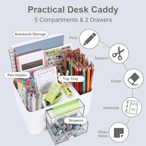 Meiikun Plastic Pen Organizer, Multifunctional Desk Organizer with 2 Drawers, 4 Compartments & a Top Tray, Pencil Holder Desktop Organizers and Accessories for Office, 7.7" x 5.5" x 3.9" (White) - Image 3