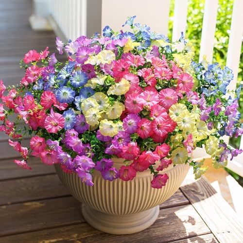 HyeFlora Artificial Flowers for Outdoors Fake Plants Outside Decoration, 12 Bundles Silk Colorful Morning Glory with Eucalyptus UV Resistant Realistic Faux Flowers for Planter Porch Patio Yard Indoor by HyeFloraartificialflowers