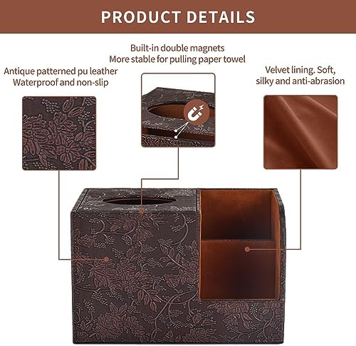 PU Leather Tissue Box Cover Square Tissue Holder Tissues Box Organizer with 2 Compartment,Remote Control Holder,Multifunctional Decorative Tissue Box Covers Cube,Home Office Desktop Storage Box,Retro - Image 5