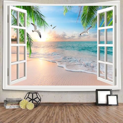 Xiaoput Nature Landscape Tapestry, Cozy Outside of Window Tropical Palm Tree Beach Sea Mew Sunset Scenery Tapestry Wall Hanging, Colorful Bedroom Living Room Dorm Decor 90x70 in by Xiaoput