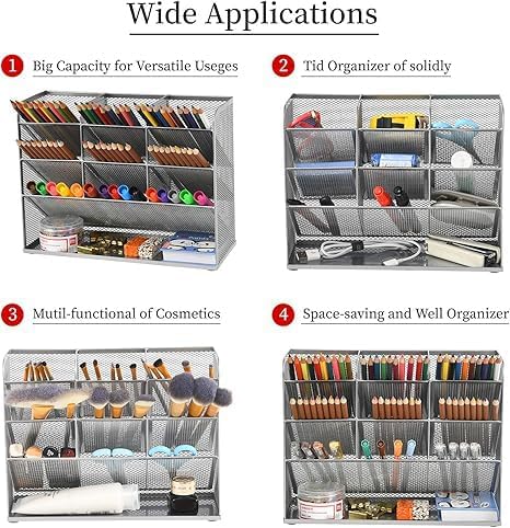 Marbrasse Mesh Desk Organizer, Multi-Functional Pen Holder, Desktop Stationary Organizer, Storage Rack for School, Home, Office, Art Supplies (Mesh Pen Holder-Silver) - Image 4
