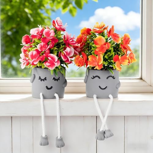 Zerzsy 2 Pack Cute Artifical Plants Fake Flowers in Cement Pots Bathroom Shelf Small Plants Decor - Artificial Greenery Potted Plant for Home Spring Home Office Decorations by Zerzsy