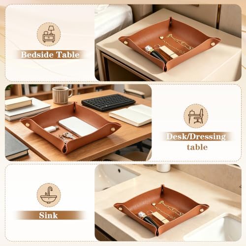 PU Leather Tray for Wallet, Portable Décor Key Tray Holder, Night Stand Storage for Bedroom, Bathroom, Living Room, Entryway, Jewelry Valet Organizer for Women Men (1, Brown, Square) - Image 5