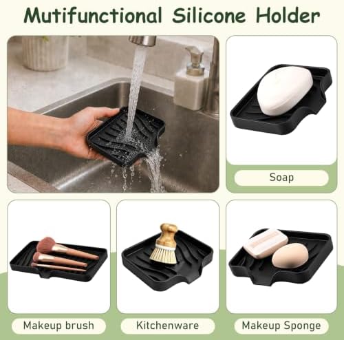 Silicone Soap Dish with Drain Spouts, Bar Soap Holder, Self-Draining Sink Organizer Kitchen Sponge Tray, Non-Slip Dispensers for Bathroom, Kitchen (Light Green, 2 Short) - Image 2