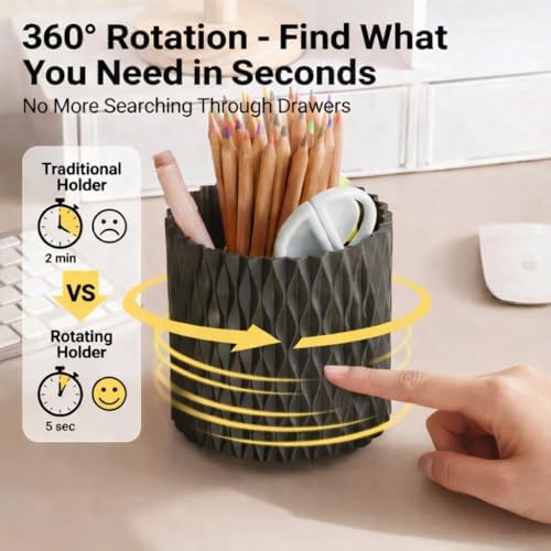 Black Pen Holder for Desk, 360° Rotating Pencil Organizer, 5 Slots - Image 2