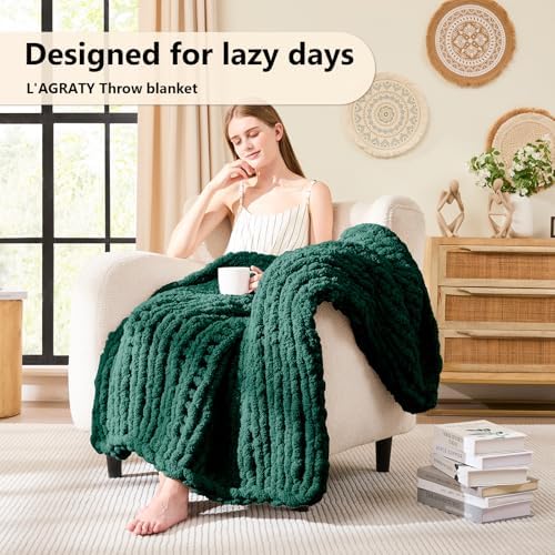 L'AGRATY Chunky Knit Throw Blanket for Couch, 40 x 50 Inches, Olive Green - Image 2
