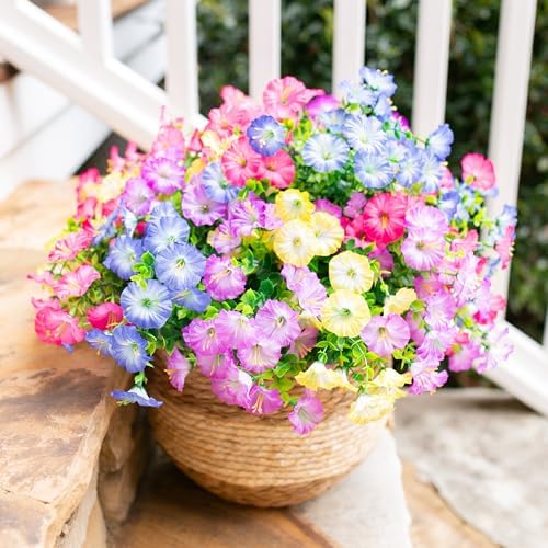 HyeFlora Artificial Flowers for Outdoors Fake Plants Outside Decoration, 12 Bundles Silk Colorful Morning Glory with Eucalyptus UV Resistant Realistic Faux Flowers for Planter Porch Patio Yard Indoor - Image 4