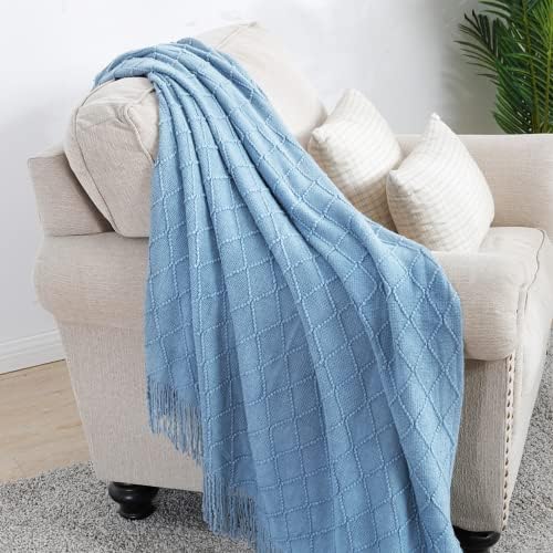 BOURINA Blue Throw Blanket 50x60 Inch Boho Knitted Soft Throw Sofa Blanket - Image 3