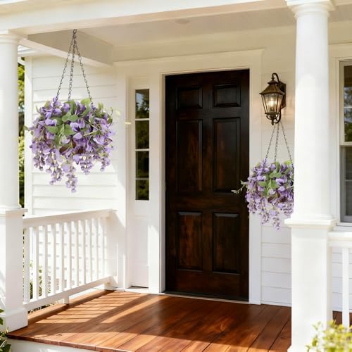 Artificial Hanging Flowers with Basket Plants - Wisteria Hanging Plants for Spring Outdoor Decoration, UV Resistant Fake Flowers Hanging Silk Flowers for Porch Patio Garden Yard Home Decor - Image 4