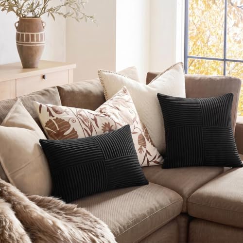 Fancy Homi 2 Packs Black Samll Decorative Throw Pillow Covers 12x12 Inch with for Couch Bed Sofa, Rustic Farmhouse Boho Home Decor, Soft Corss Patchwork Corduroy Square Cushion Case 30x30 cm - Image 5