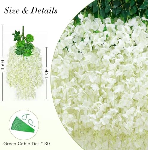 60 Pack White Wisteria Hanging Flowers, Fake Hanging Flowers for Decoration, Artificial Hanging Flowers, Vines for Bedroom, Flower Garland for Home, Party, Garden, Wall, Wedding Decoration(3.6 Ft/Pcs) - Image 2