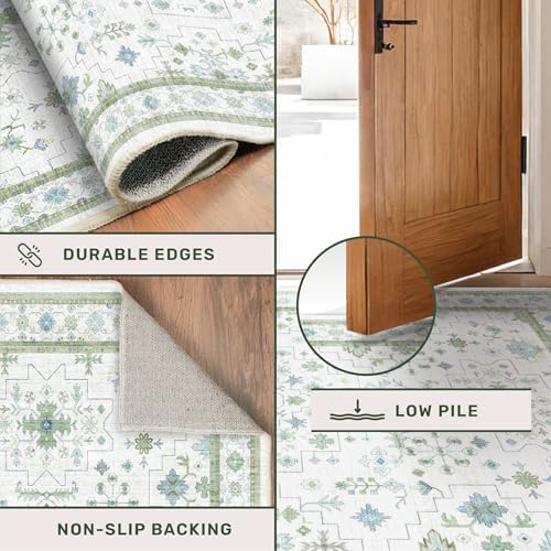 Cream Green and Blue 2x4 Boho Bathroom Rug - Oushak Floral Pastel, Washable Low Pile Non Slip with Rubber Backing Stain Resistant Entryway Rugs Indoor, Small Carpet for Kitchen, Bedroom, Laundry Room - Image 5