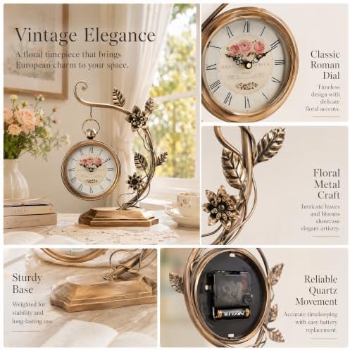 Floral Plant Desk Clock, Vintage Gold Table Clock with Leaf Pattern, Silent Non-Ticking Battery Operated Decorative Shelf Mantel Clock for Living Room Bedroom Home Decor Gift for Women - Image 3