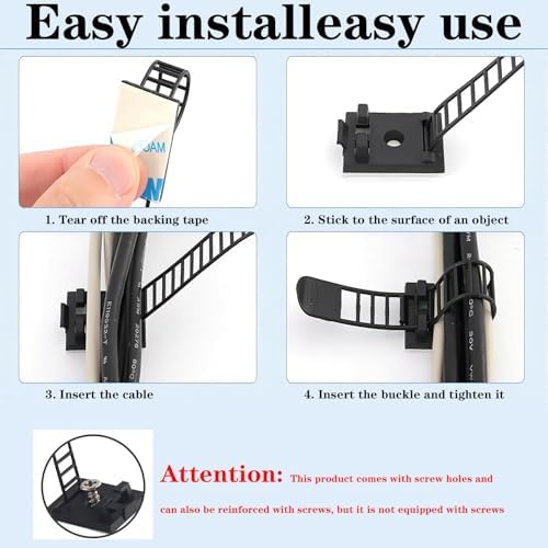 Cable Ties Cable Clips Wire Management Cord Clips Under,Desk Cable Management Reusable Zip Ties Wire Organizer Under Desk 100 packs (White) - Image 5