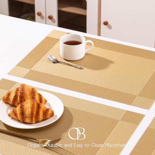 Placemats Set of 6 - Easy Clean Woven Vinyl Placemats for Dining Table, Indoor/Outdoor Place Mats, Washable PVC Table Mats（Gold Cube） - Image 2