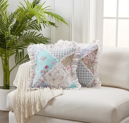 Brilliant Sunshine Blue & Green Roses Ruffle Pillowshams Set, 18"x18" - Image 2