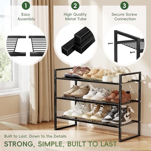 Metal Shoe Rack Organizer for Closet and Entryway, 3 Tier 27" Wide Free Standing Wire Grid Shoe Shelf, Black - Image 4
