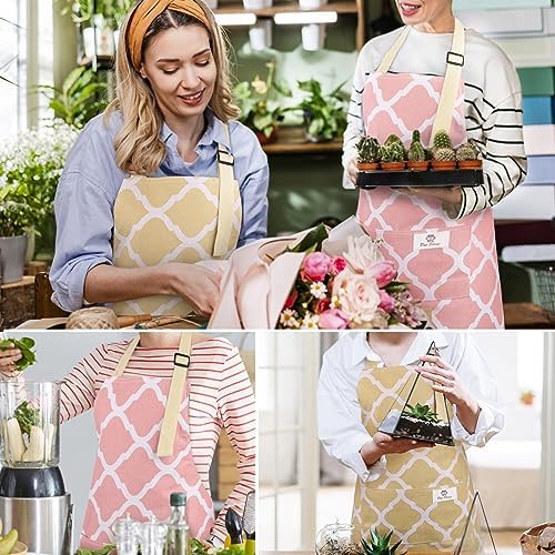 2 Pieces Aprons for Women with Pockets, Cotton Linen Waterproof Kitchen Cooking Aprons, Chef Apronfor Men Women with Adjustable Neck Strap and Long Ties(Pink/Yellow) - Image 7