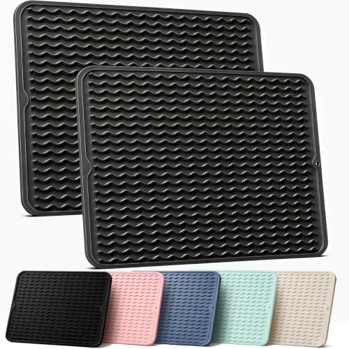 2 Pack Silicone Dish Drying Mat for Kitchen Counter Under Sink Protector Organizers Cooking Baking Espresso Machine Accessories Appliance Stone Rack Trays Drain Large 18"*16" Black by AOTASO