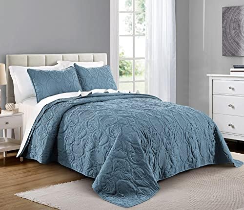 Pure Bedding Quilt Set Full/Queen Size Ash Blue - Oversized Bedspread - Soft Microfiber Coverlet for All Season - Includes 1 Quilt and 2 Shams, Ocean Star Pattern by PureBedding