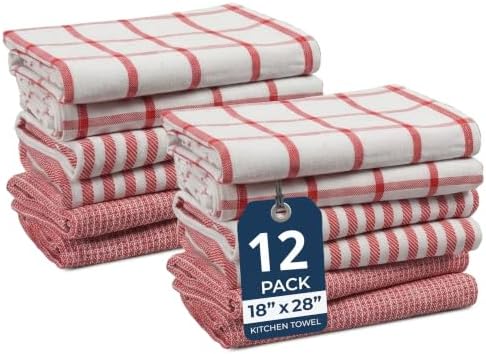 LANE LINEN Dish Towels for Kitchen 100% Cotton Durable 12 Pack - Red by LaneLinen