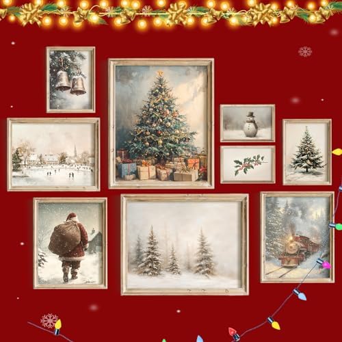 Vodefoad 9Pcs Christmas Print Set Winter Holiday Gallery Wall Prints Santa Claus Painting Farmhouse Christmas Gallery Wall Set Vintage Winter Prints Christmas Decor for Bedroom Bathroom Living Room Office Holiday Decoration Gifts Unframe by VodefoadVintageWallArt
