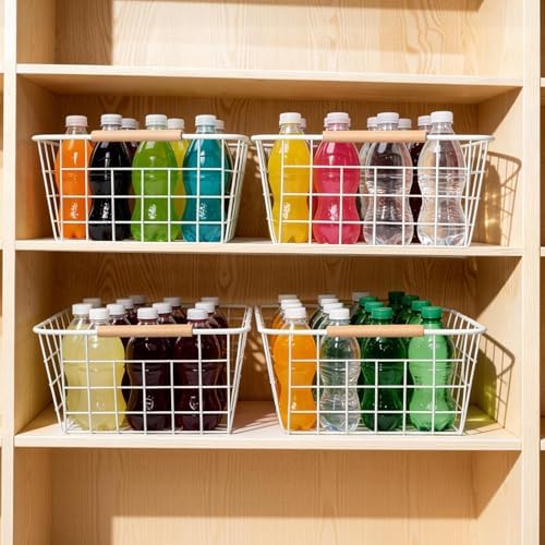 Wire Basket 4 Pcs Metal Wire Storage Basket with Wooden Handles for Pantry - Image 2