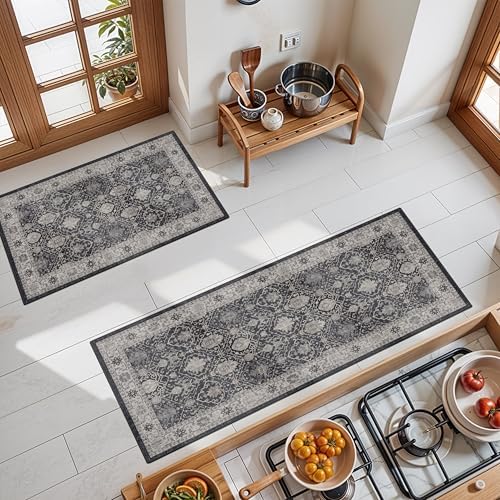 3 Pieces Kitchen Rug Sets: Farmhouse Washable Non-Slip Floor Mat for Sink Stove & Fridge Area Water Resistant Carpet for Laundry Room Entryway Soft Cozy Runners for Kids Pets Family(2x3+2x4+2x5,Black) - Image 2