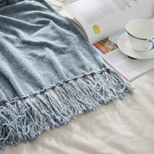 CozeCube Chenille Throw Blanket, Dusty Blue Fringe Blanket, 60"X80" - Image 6