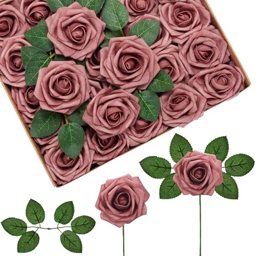 InnoGear Artificial Flowers, 50 Pcs Dusty Pink Foam Fake Roses Bulk with Stems for Decoration DIY Wedding Bouquets Centerpieces Bridal Shower Party Christmas Tree by InnoGear