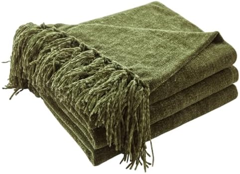 CozeCube Chenille Throw Blanket, Olive Green Fringe Blanket, 60"X80" by CozeCube