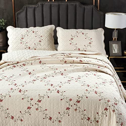 vctops 2-Piece Elegant Floral Embroidered Pillow Shams King Size 100% Cotton Quilted Decorative Pillow Shams Set (Cream,20"x36") - Image 2