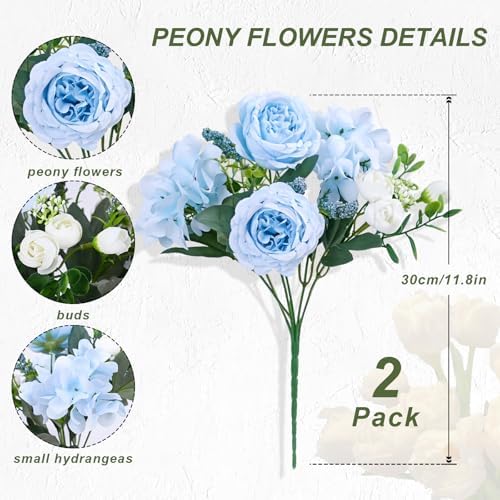 2 Packs Peonies Artificial Flowers, Blue Silk Flowers Artificial Peonies - Image 4