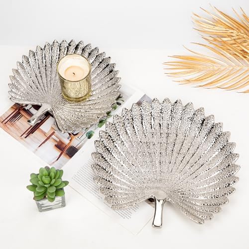 Silver Leaf Decorative Serving Tray for Table Centerpiece – 12" Ceramic Leaf-Shaped Trinket Dish, Candle Tray, Vanity Organizer, Coffee Table Decor, Modern Glam Home Decor, Gifts for Women - Image 3