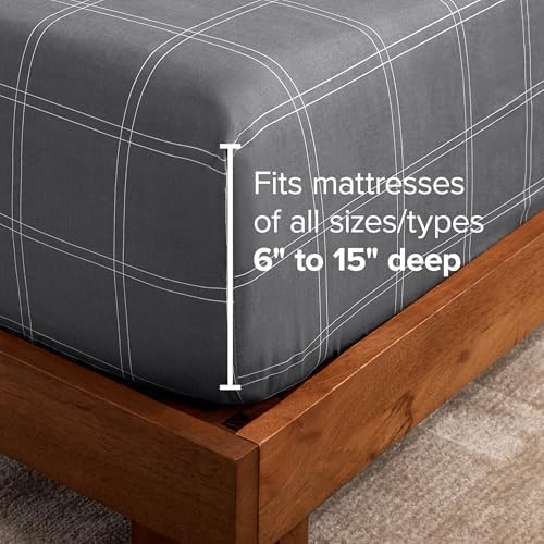 Bare Home Fitted Sheet - 1800 Ultra-Soft (King, Modern Plaid - Grey/White) - Image 3