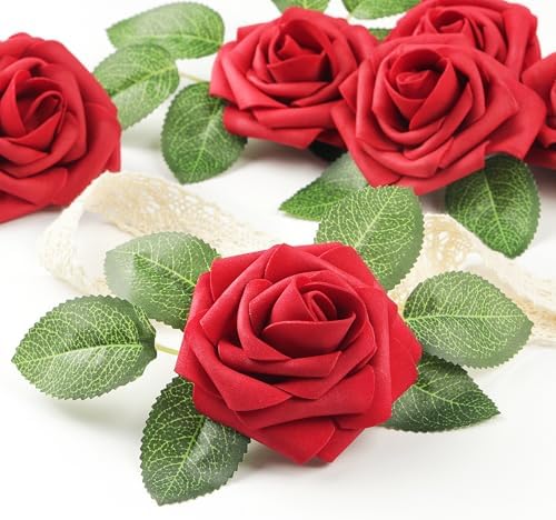 Mocoosy 50 Pcs Artificial Flowers Red Roses Bulk, Real Looking Foam Fake Roses with Stems Bulk DIY Wedding Bouquet Floral Arrangement Bridal Shower Centerpieces Party Home Table Decorations - Image 2