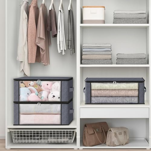 HomeHacks 6-Pack Clothes Organizer Storage Bags Foldable Storage Box with Large Clear Window Sturdy Handles for Closet, Dorm, Pillows, Bedding, Clothes, Stuffed Toys, Blankets, 35L, Grey - Image 5