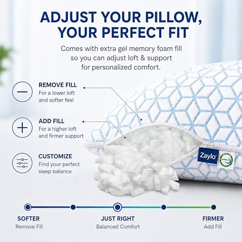 ZAYLO Cooling Bamboo Shredded Gel Memory Foam Pillow, CertiPUR-US Certified, Adjustable Height & Firmness, Bed Pillow for Side, Back & Stomach Sleepers, Standard Size - Image 4
